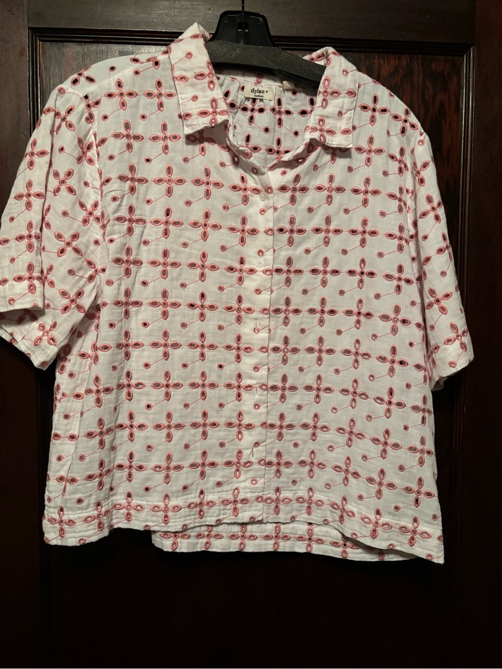 Dylan Women’s White Camp Shirt with Pink eyelet Embroidery